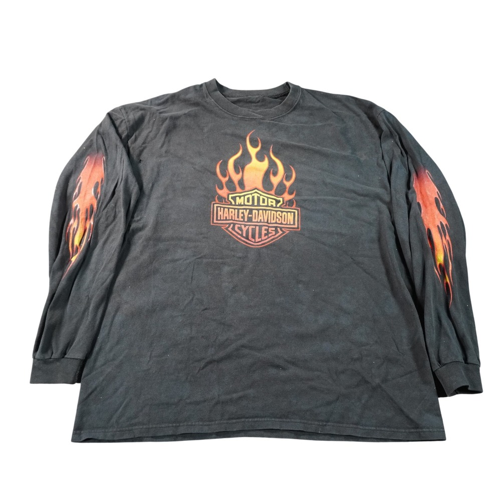 Harley-Davidson Long Sleeve T-Shirt Mens XL Black Flame Graphic Bar Shield Logo